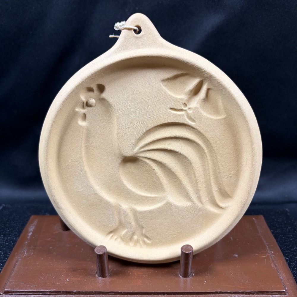 Vintage Rooster & Butterfly Stoneware Cookie Mold Round Tan Ceramic Folk Art